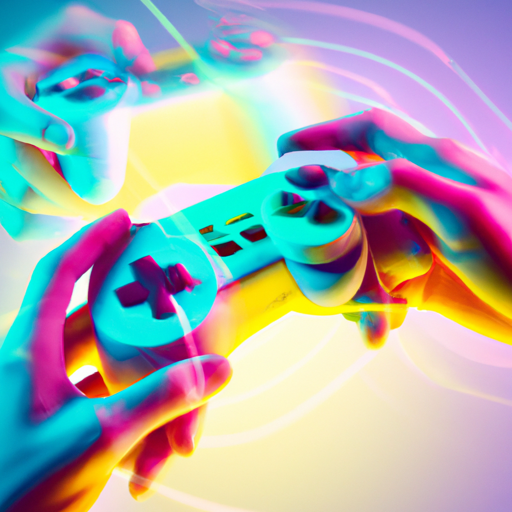 Hands on retro controller with neon reflections